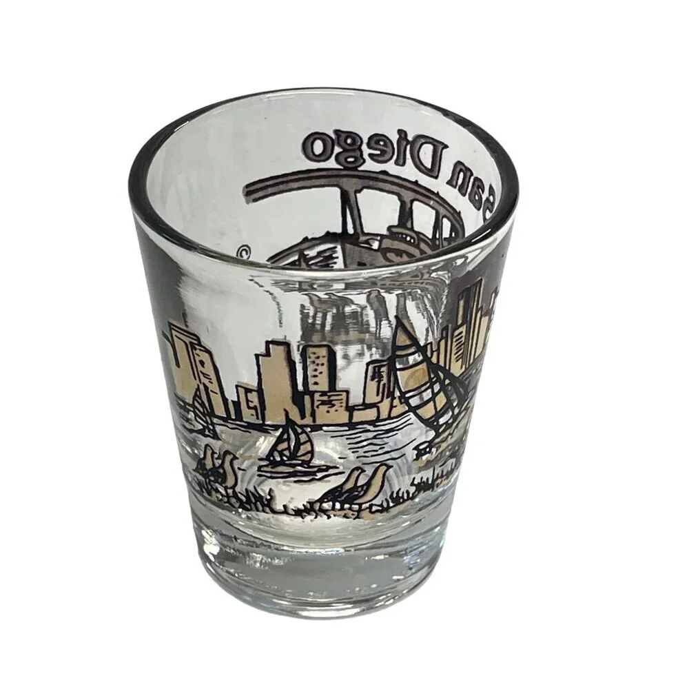 Vintage Shot Glass San Diego City Skyline Water Sailboats Birds‎